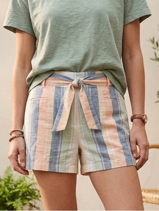 Pants - NWOT - Striped 100% Cotton High-Waisted Tie-Belt Shorts